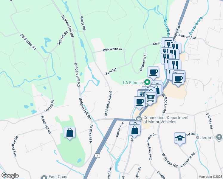 map of restaurants, bars, coffee shops, grocery stores, and more near 123 Old Belden Hill Road in Norwalk