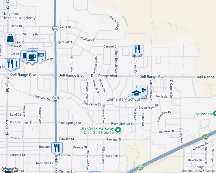 map of restaurants, bars, coffee shops, grocery stores, and more near 4407 Huron Avenue in Cheyenne