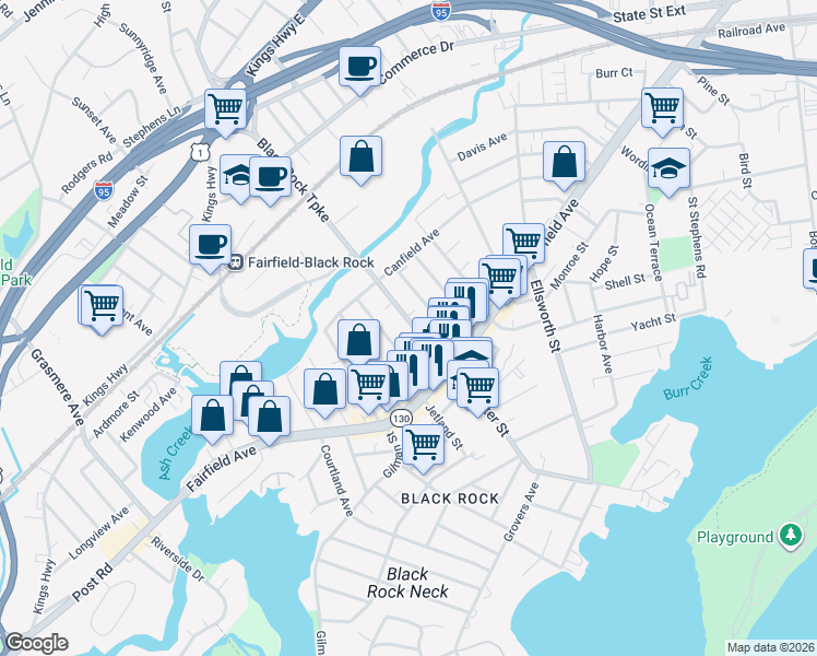 map of restaurants, bars, coffee shops, grocery stores, and more near 761 Brewster Street in Bridgeport