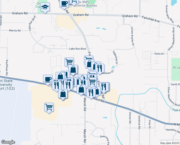 map of restaurants, bars, coffee shops, grocery stores, and more near 3768 Fishcreek Road in Stow