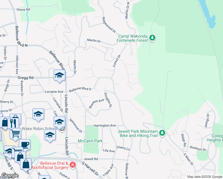 map of restaurants, bars, coffee shops, grocery stores, and more near 218 Bellevue Boulevard South in Bellevue