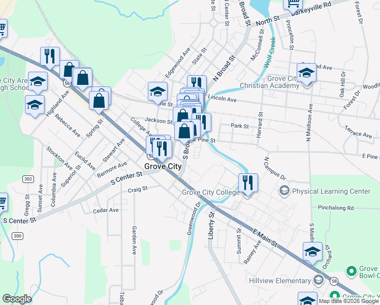 map of restaurants, bars, coffee shops, grocery stores, and more near 232 South Broad Street in Grove City