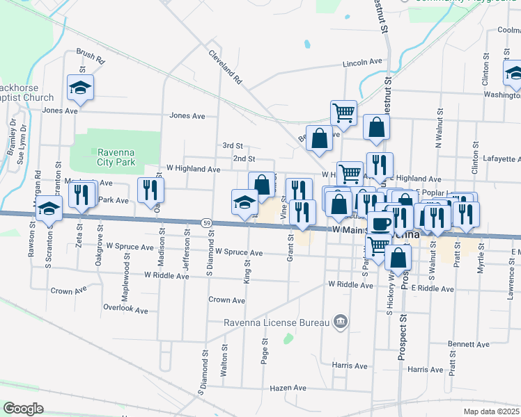 map of restaurants, bars, coffee shops, grocery stores, and more near 610 1/2 West Main Street in Ravenna