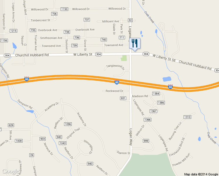 map of restaurants, bars, coffee shops, grocery stores, and more near 1615 Rockwood Drive in Youngstown