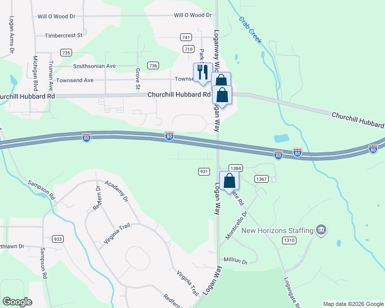 map of restaurants, bars, coffee shops, grocery stores, and more near 1661 Rockwood Drive in Youngstown