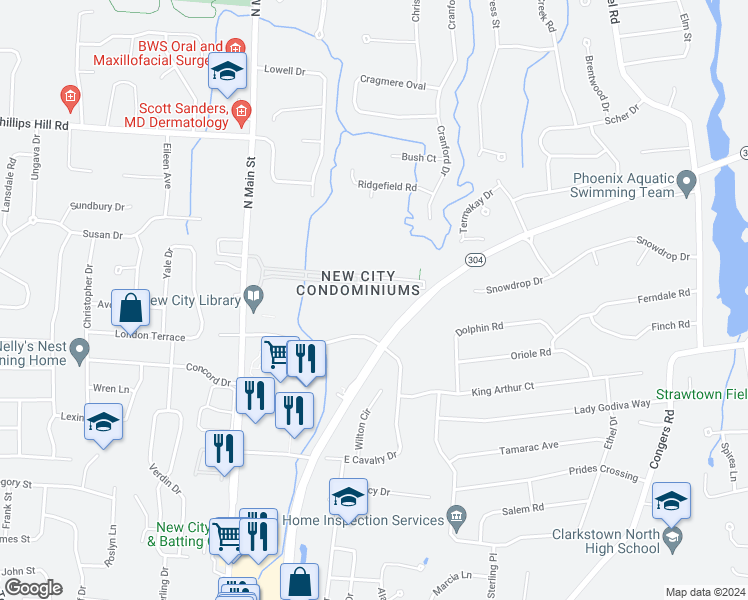 map of restaurants, bars, coffee shops, grocery stores, and more near 32A Heritage Drive in New City