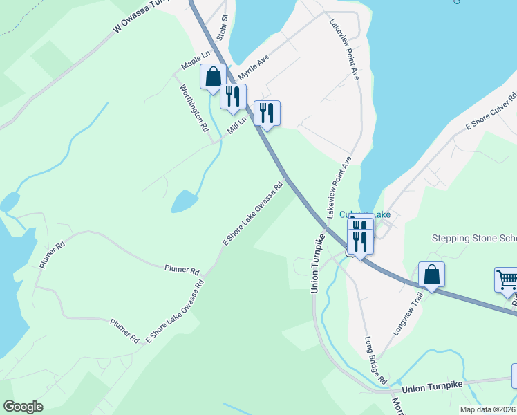 map of restaurants, bars, coffee shops, grocery stores, and more near 23 East Shore Lake Owassa Road in Newton