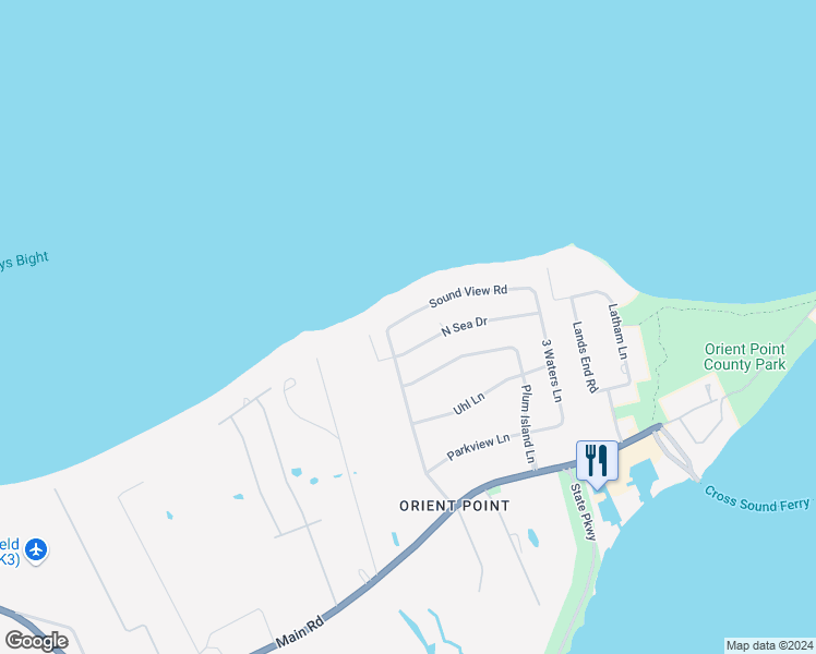 map of restaurants, bars, coffee shops, grocery stores, and more near 130 Sound View Road in Orient