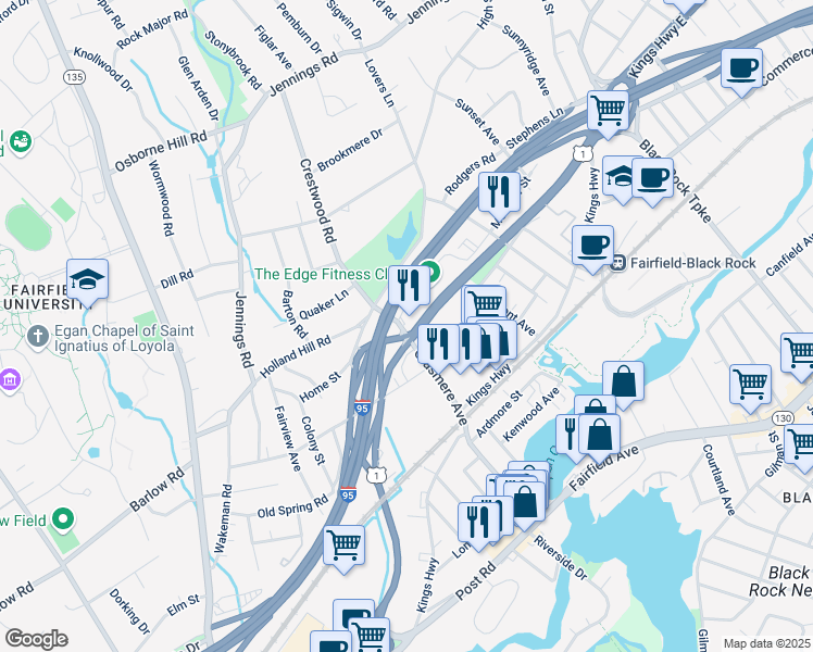 map of restaurants, bars, coffee shops, grocery stores, and more near 500 Grasmere Avenue in Fairfield