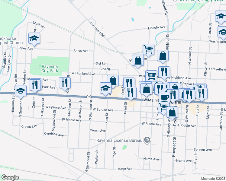 map of restaurants, bars, coffee shops, grocery stores, and more near 610 1/2 West Main Street in Ravenna