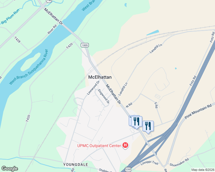 map of restaurants, bars, coffee shops, grocery stores, and more near McElhattan Dr in Lock Haven