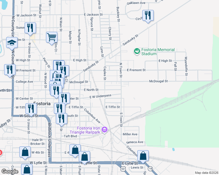 map of restaurants, bars, coffee shops, grocery stores, and more near 501-537 East North Street in Fostoria
