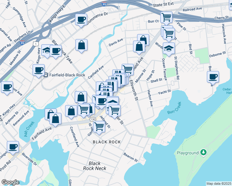 map of restaurants, bars, coffee shops, grocery stores, and more near 2742 Fairfield Avenue in Bridgeport