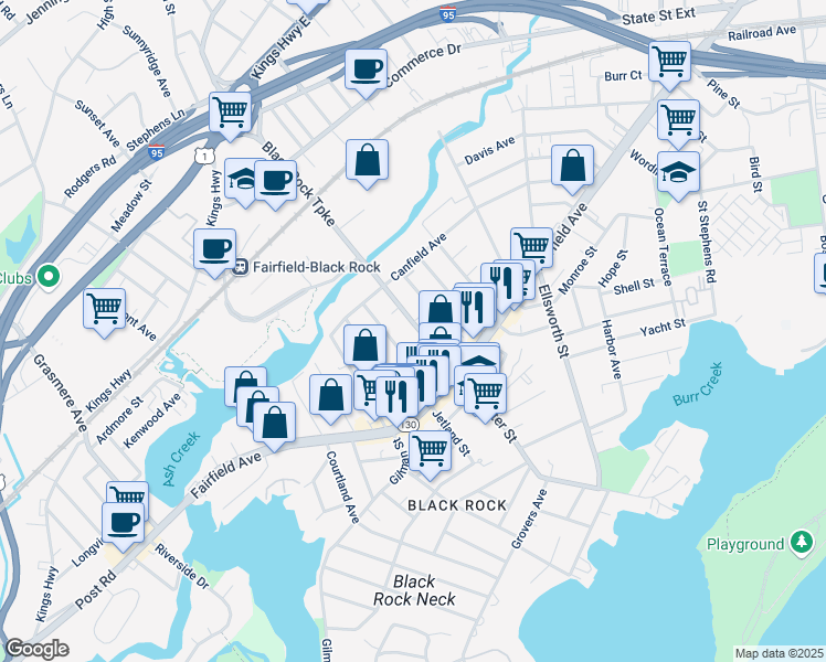 map of restaurants, bars, coffee shops, grocery stores, and more near 130 Wilson Street in Bridgeport