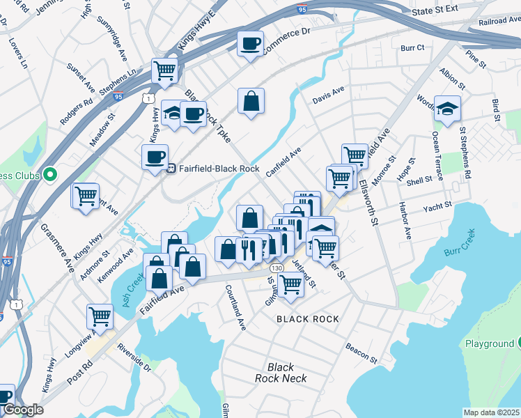map of restaurants, bars, coffee shops, grocery stores, and more near 170 Bennett Street in Bridgeport