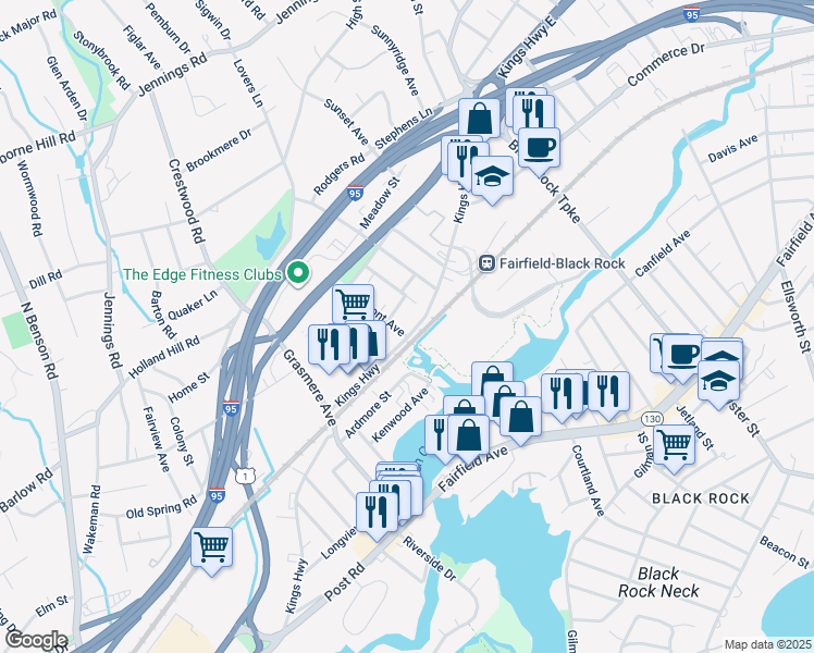 map of restaurants, bars, coffee shops, grocery stores, and more near 1610 Kings Highway in Fairfield