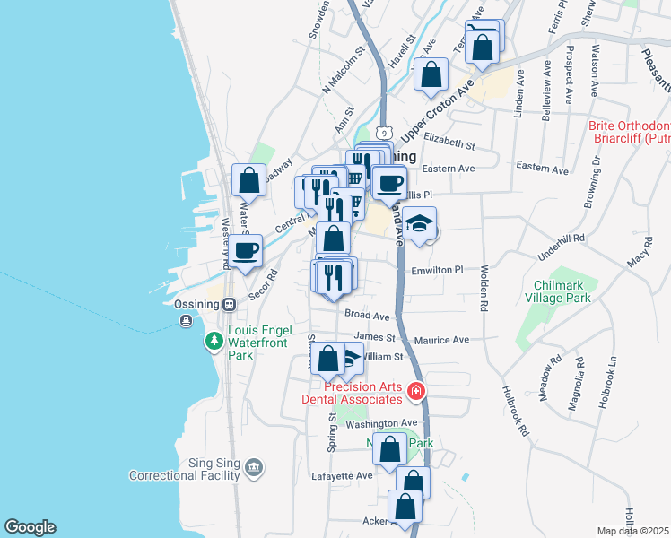 map of restaurants, bars, coffee shops, grocery stores, and more near 88 Spring Street in Ossining
