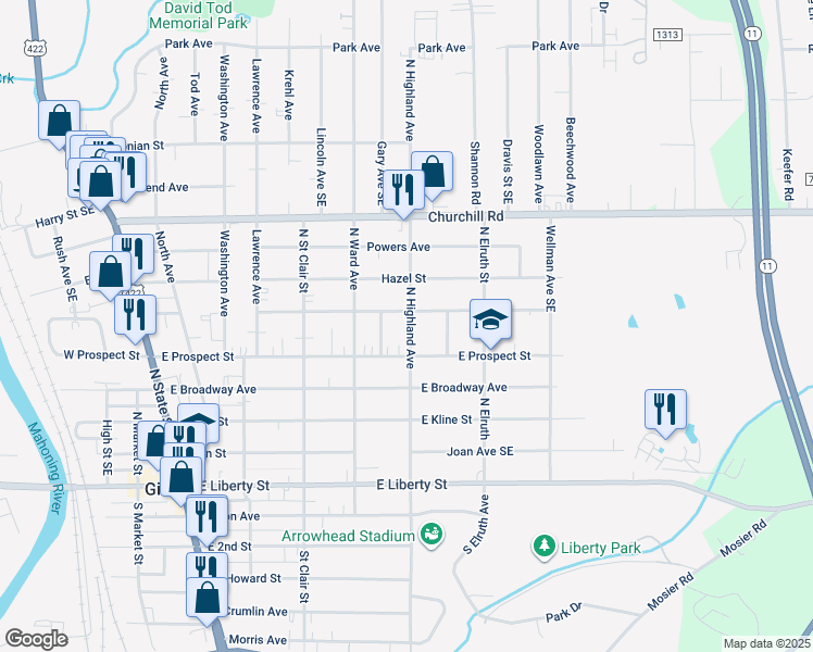 map of restaurants, bars, coffee shops, grocery stores, and more near 416 North Highland Avenue in Girard