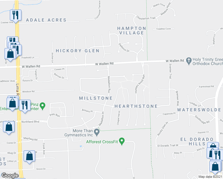 map of restaurants, bars, coffee shops, grocery stores, and more near 8514 Medallion Run in Fort Wayne