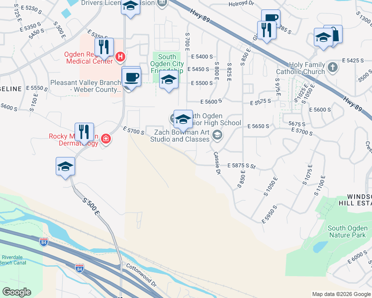 map of restaurants, bars, coffee shops, grocery stores, and more near 650 5700 South in Washington Terrace