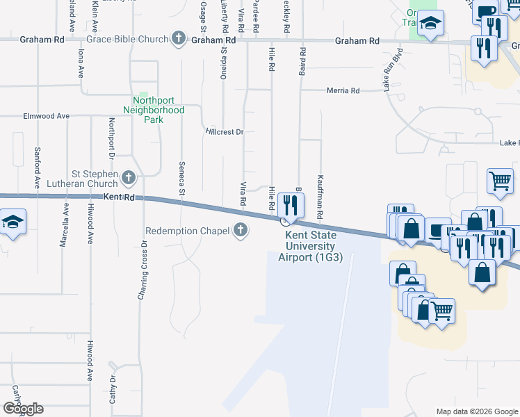 map of restaurants, bars, coffee shops, grocery stores, and more near 3927 Kent Road in Stow