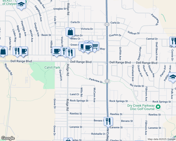 map of restaurants, bars, coffee shops, grocery stores, and more near 4427 Parkview Drive in Cheyenne