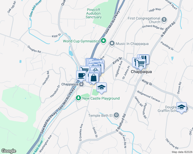map of restaurants, bars, coffee shops, grocery stores, and more near 26 South Greeley Avenue in Chappaqua