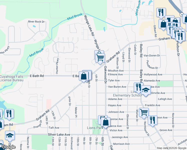 map of restaurants, bars, coffee shops, grocery stores, and more near 544 Graham Road in Cuyahoga Falls
