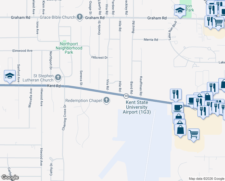 map of restaurants, bars, coffee shops, grocery stores, and more near 3927 Kent Road in Stow