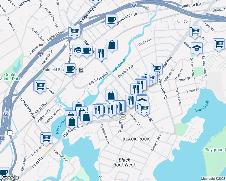 map of restaurants, bars, coffee shops, grocery stores, and more near 170 Bennett Street in Bridgeport