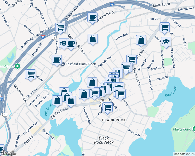 map of restaurants, bars, coffee shops, grocery stores, and more near 130 Wilson Street in Bridgeport