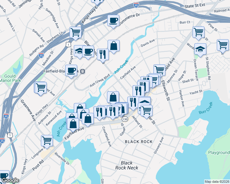 map of restaurants, bars, coffee shops, grocery stores, and more near 170 Bennett Street in Bridgeport
