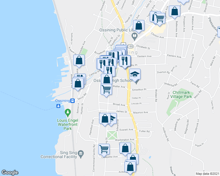 map of restaurants, bars, coffee shops, grocery stores, and more near 10 Croton Street in Ossining