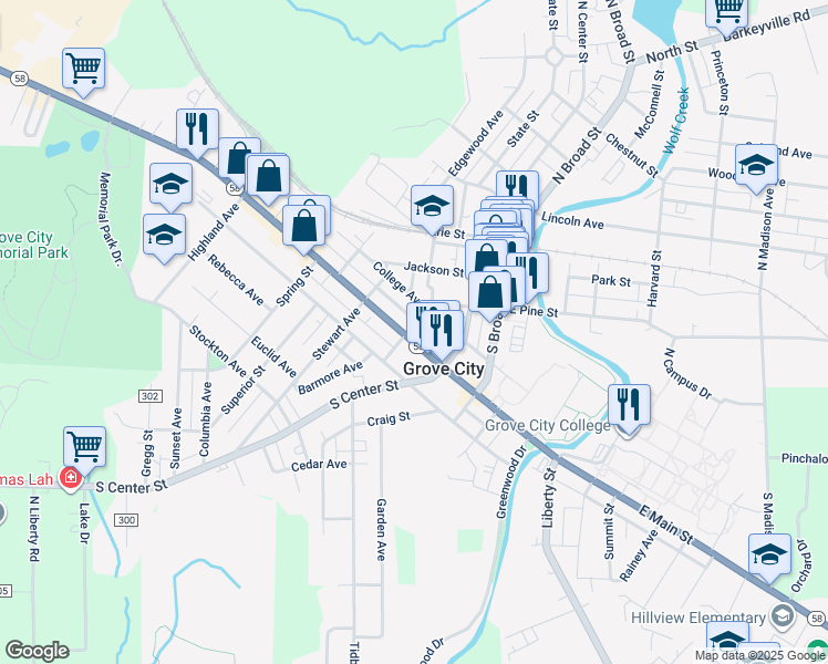 map of restaurants, bars, coffee shops, grocery stores, and more near 213 West Main Street in Grove City