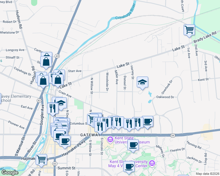 map of restaurants, bars, coffee shops, grocery stores, and more near 480 Miller Avenue in Kent