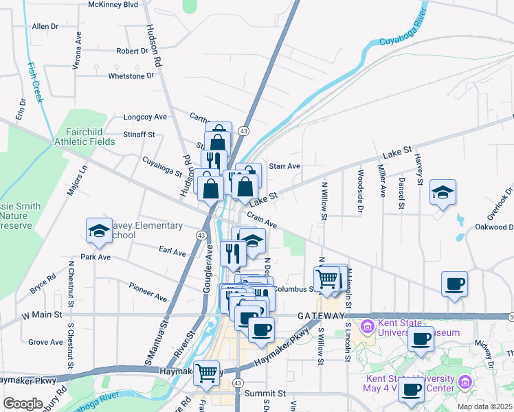 map of restaurants, bars, coffee shops, grocery stores, and more near 131 Crain Avenue in Kent