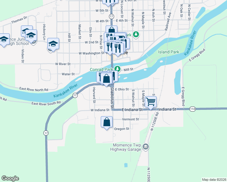 map of restaurants, bars, coffee shops, grocery stores, and more near 116 Gladiolus Street in Momence