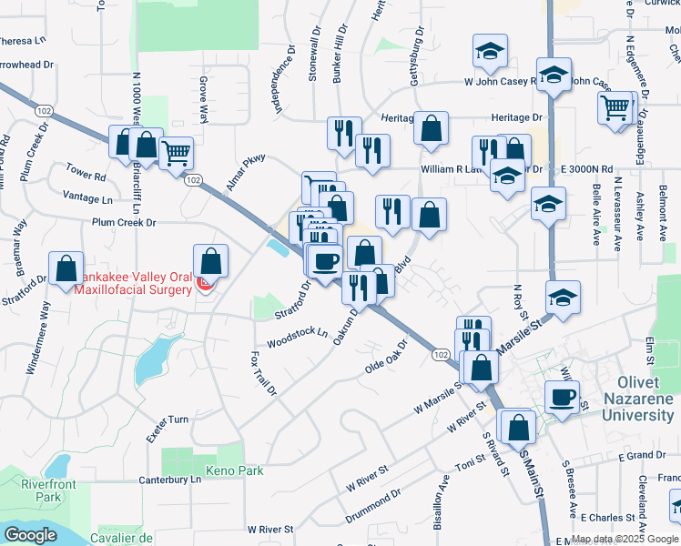 map of restaurants, bars, coffee shops, grocery stores, and more near 415 Main St NW in Bourbonnais