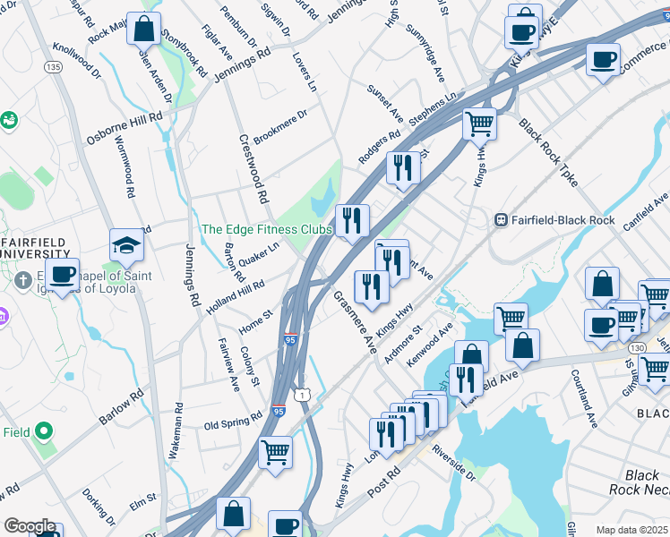 map of restaurants, bars, coffee shops, grocery stores, and more near 500 Grasmere Avenue in Fairfield