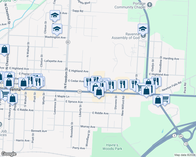 map of restaurants, bars, coffee shops, grocery stores, and more near 909 East Main Street in Ravenna