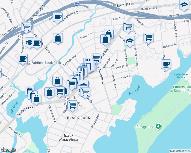 map of restaurants, bars, coffee shops, grocery stores, and more near 71 Melrose Avenue in Bridgeport
