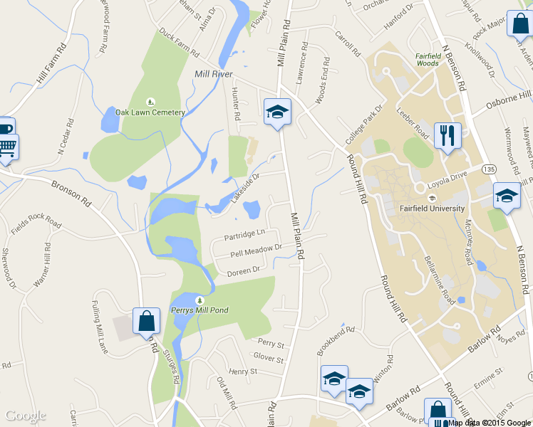 map of restaurants, bars, coffee shops, grocery stores, and more near 150 Robert Lane in Fairfield
