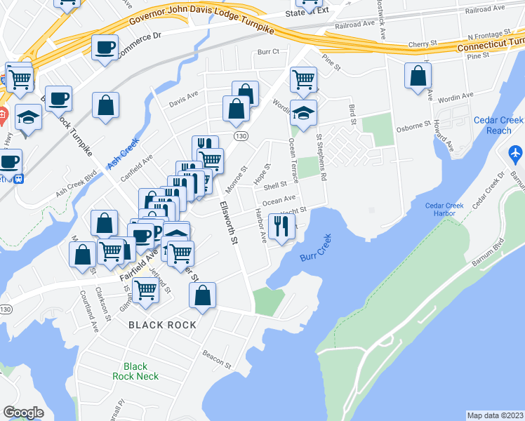 map of restaurants, bars, coffee shops, grocery stores, and more near 188 Harbor Avenue in Bridgeport