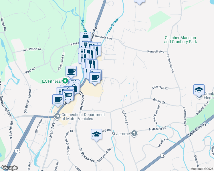 map of restaurants, bars, coffee shops, grocery stores, and more near 317 Foxboro Drive in Norwalk