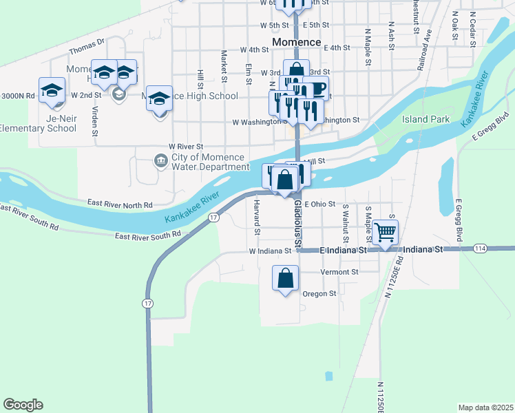 map of restaurants, bars, coffee shops, grocery stores, and more near 110 Harvard Street in Momence
