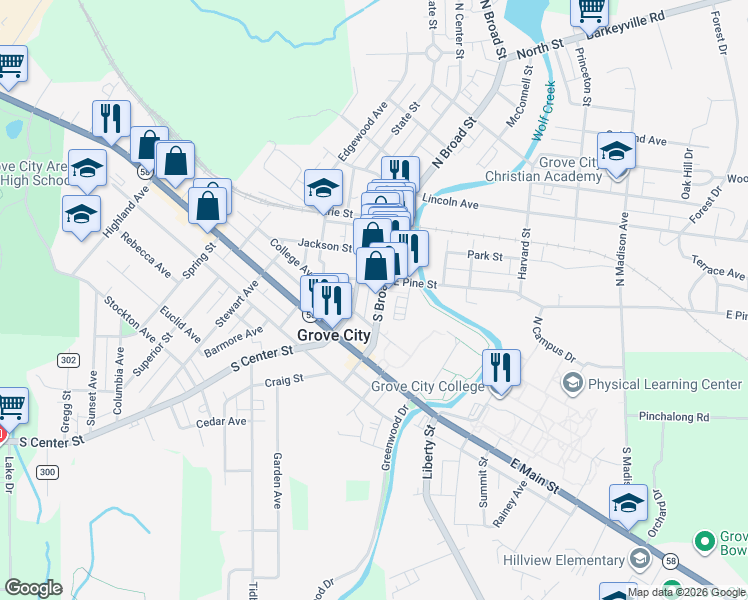 map of restaurants, bars, coffee shops, grocery stores, and more near 232 South Broad Street in Grove City