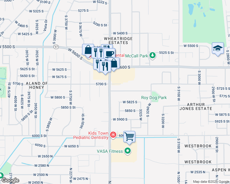 map of restaurants, bars, coffee shops, grocery stores, and more near 3489 West 5700 South in Roy