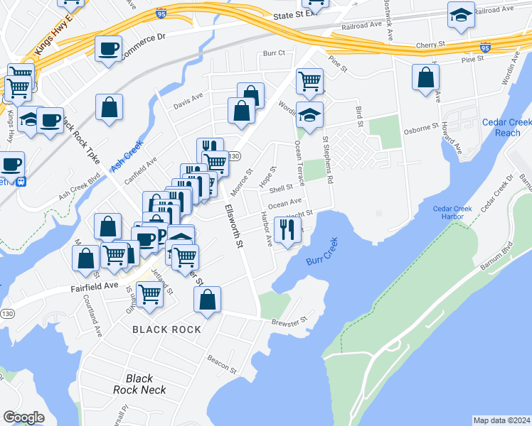 map of restaurants, bars, coffee shops, grocery stores, and more near 190 Harbor Avenue in Bridgeport