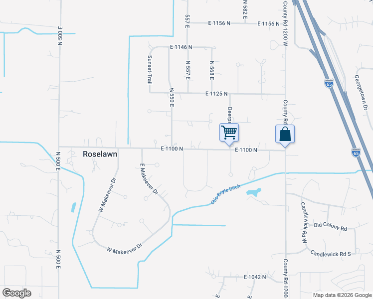 map of restaurants, bars, coffee shops, grocery stores, and more near 5581-5663 East 1100 North in De Motte