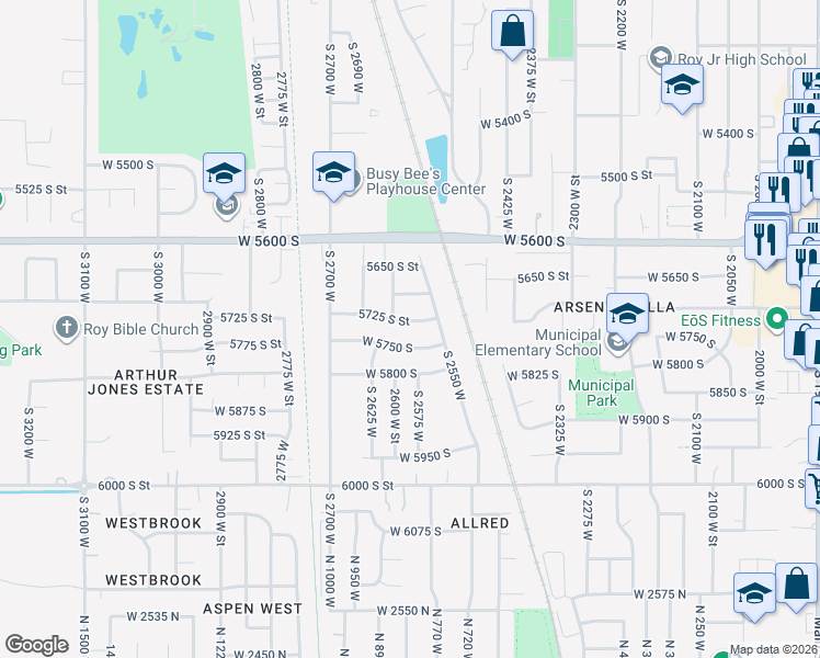 map of restaurants, bars, coffee shops, grocery stores, and more near 2610 5750 South Street in Roy